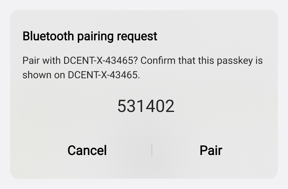 Phone Bluetooth pairing request (pairing code)