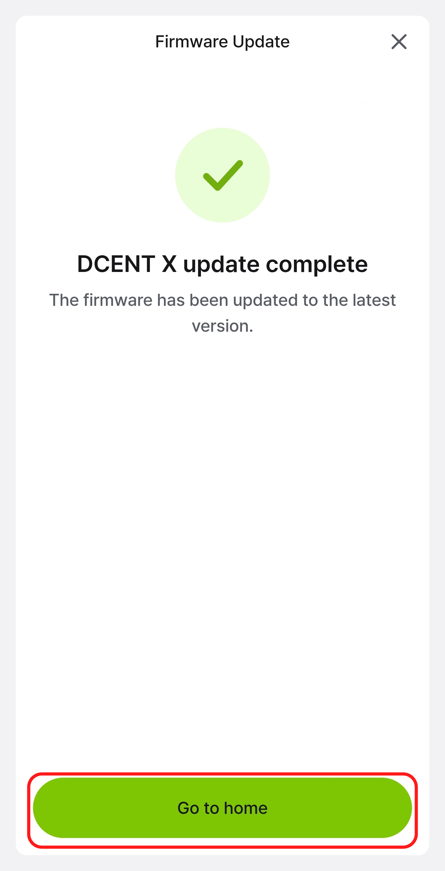 Completion screen stating that the firmware is now on the latest version
