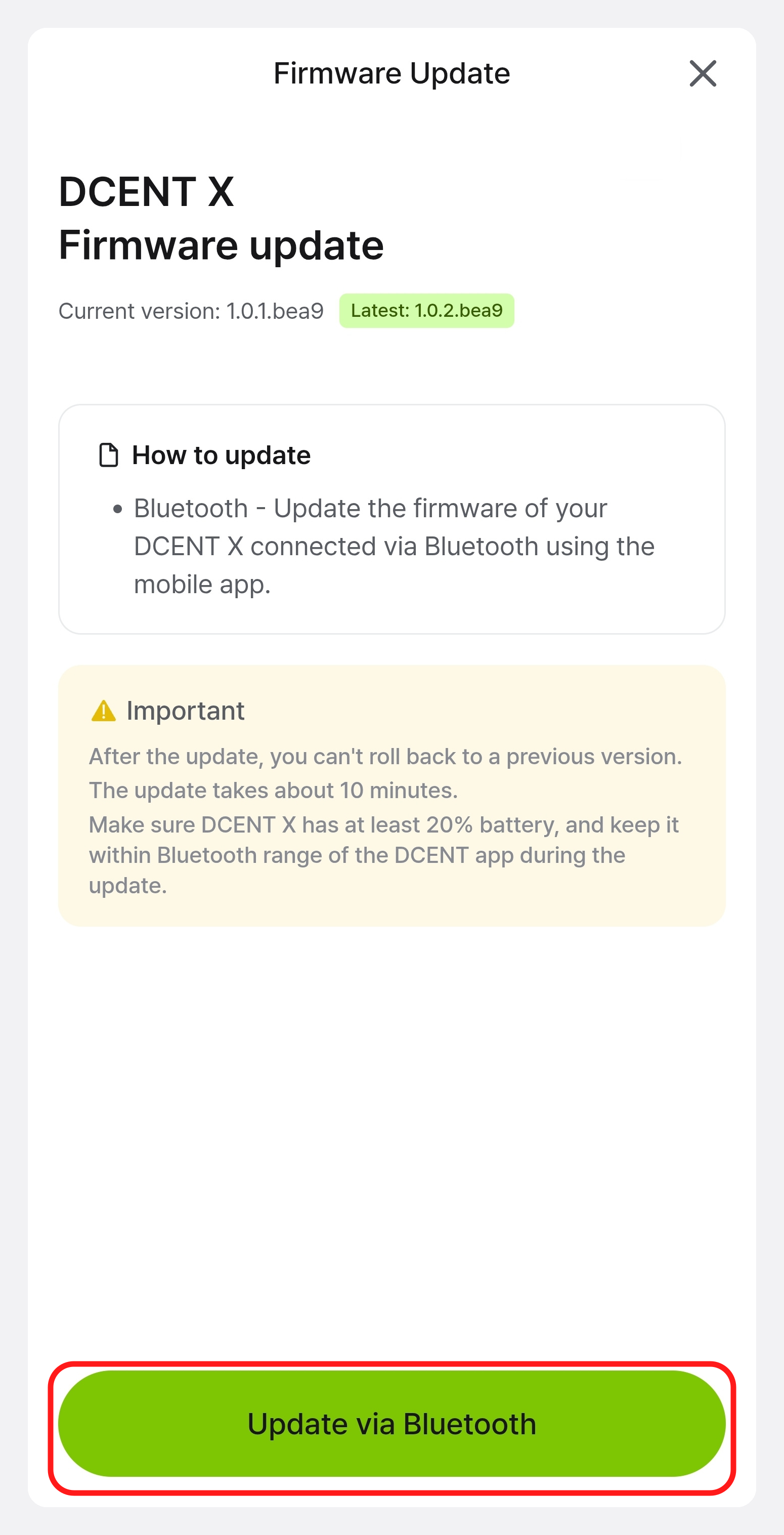 Screen showing the current and latest versions along with the update method and important notes
