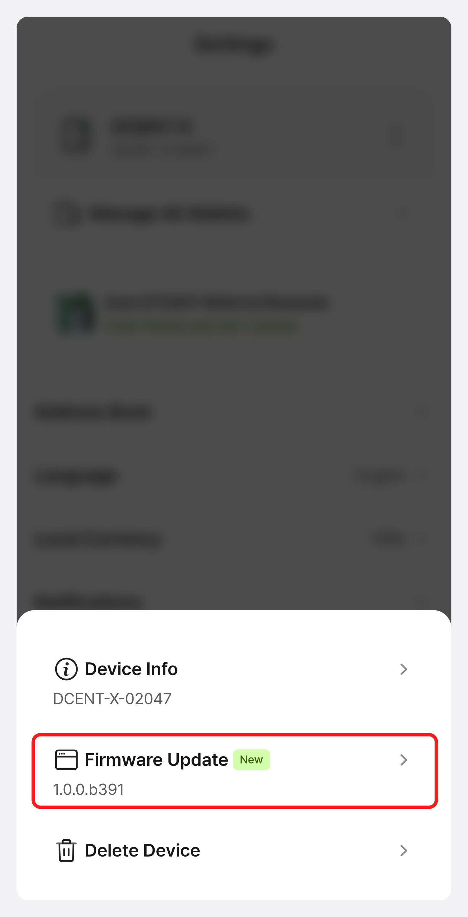 Menu with Device Info, Firmware Update, and Delete Device, with a New badge on Firmware Update