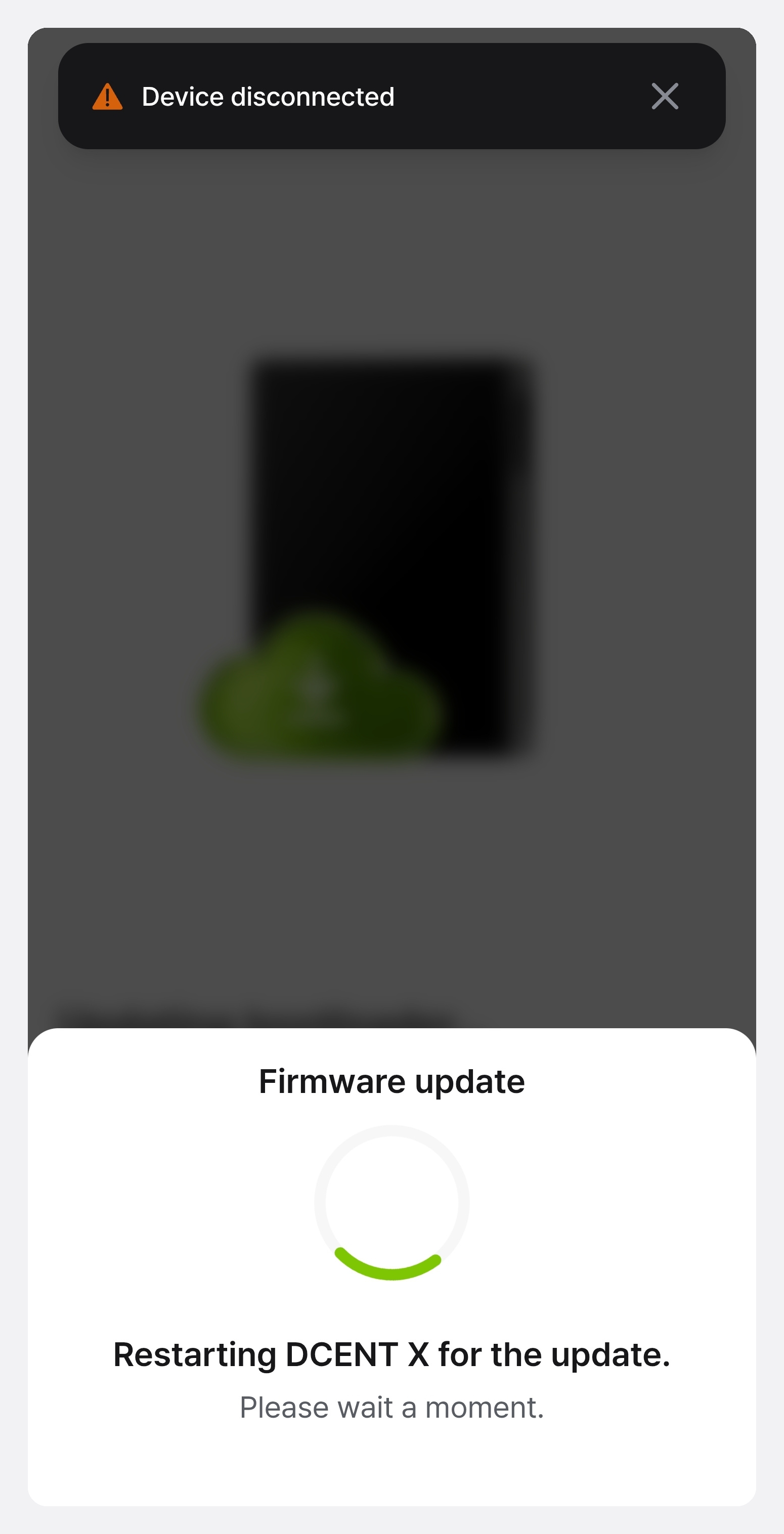 Disconnection notice shown while the device reboots for the update