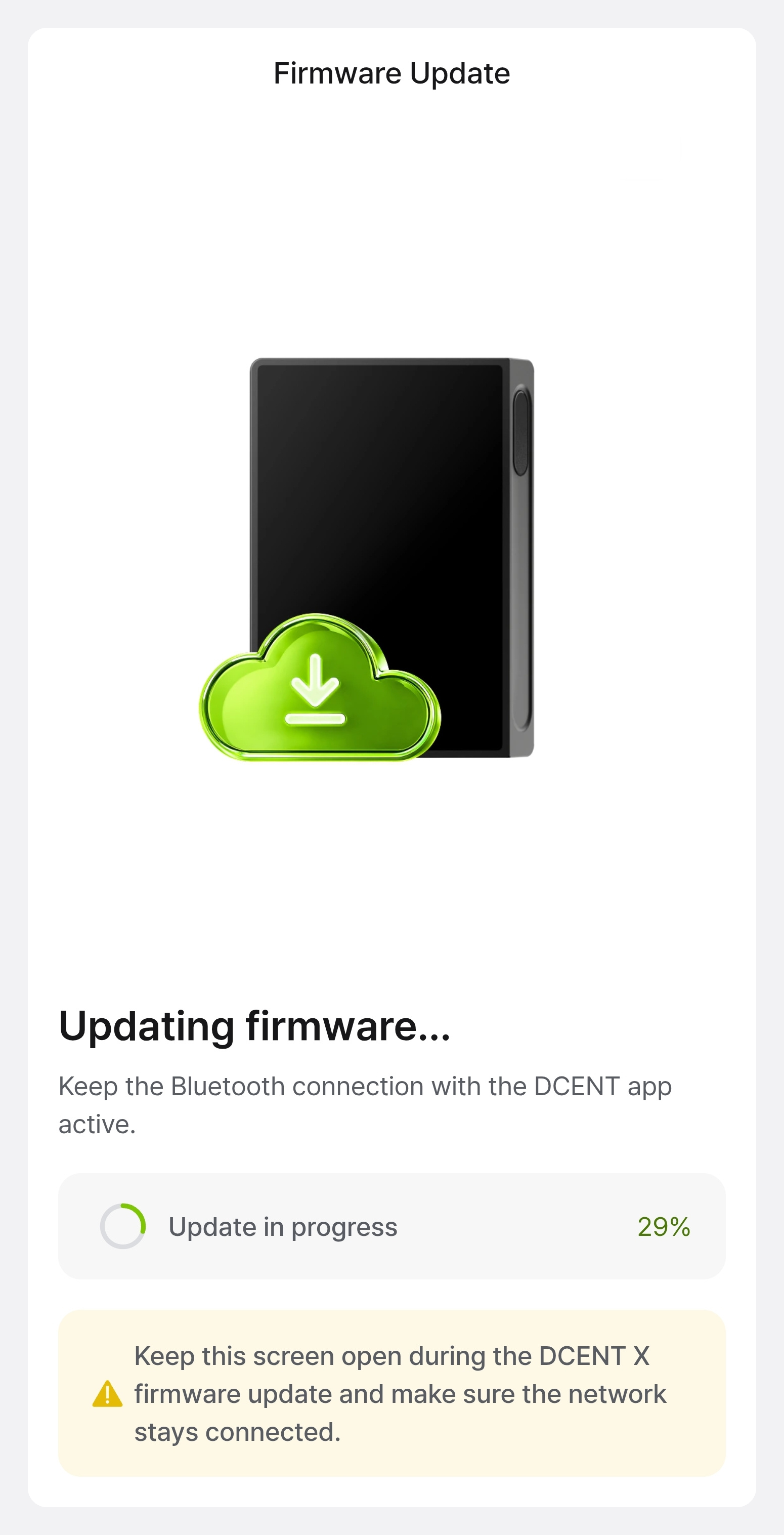 Screen showing firmware update progress as a percentage