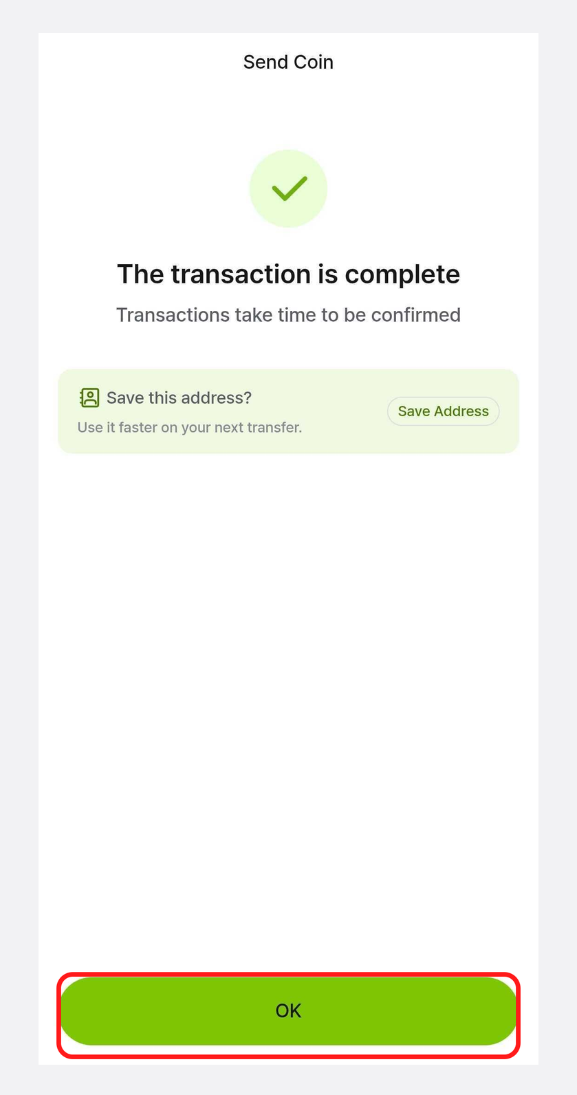 Mobile app transaction complete screen