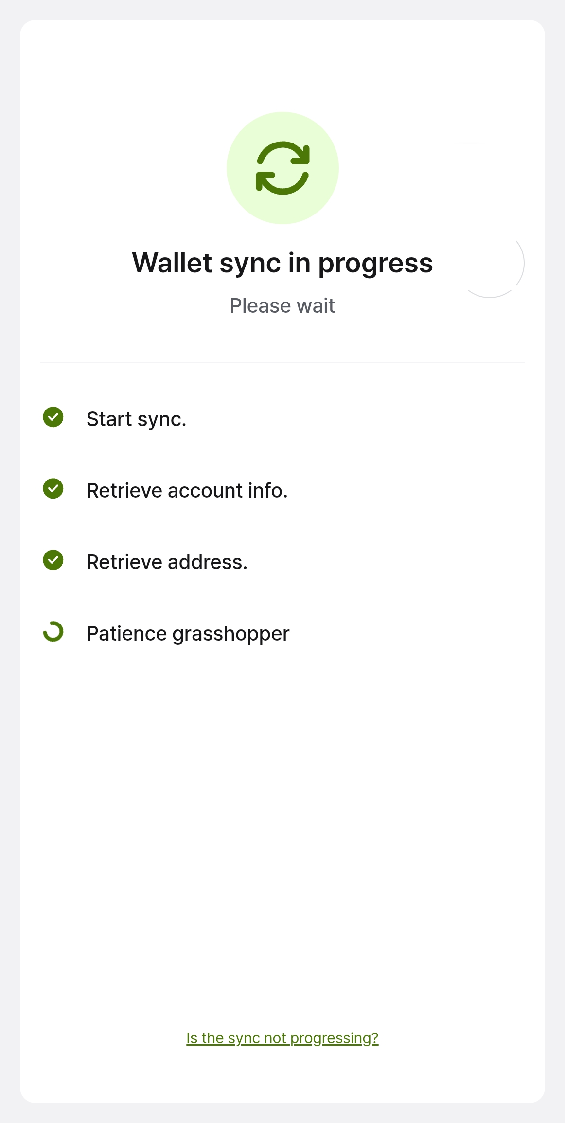 Wallet sync in progress screen