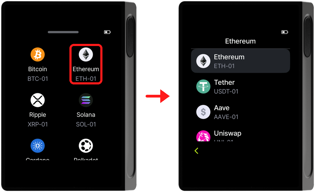 (Example) Tapping Ethereum in tile view shows ETH together with the tokens you added
