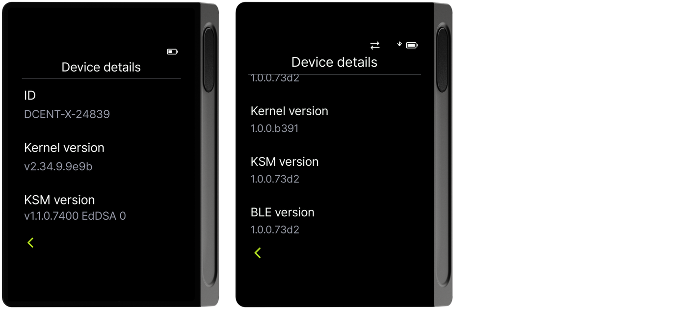 Detailed device info (ID and versions) screens