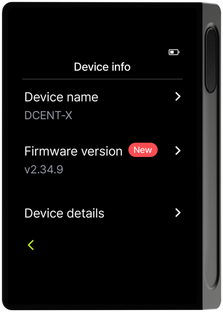 Device info menu with Device name, Firmware update, and Device details