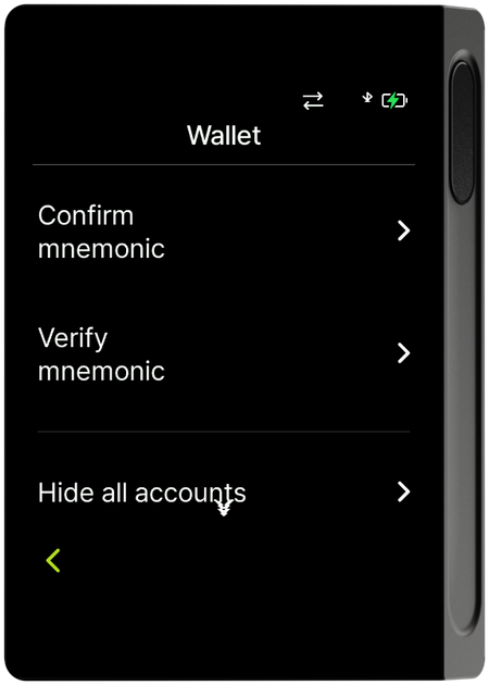 Wallet menu (scrolled down)