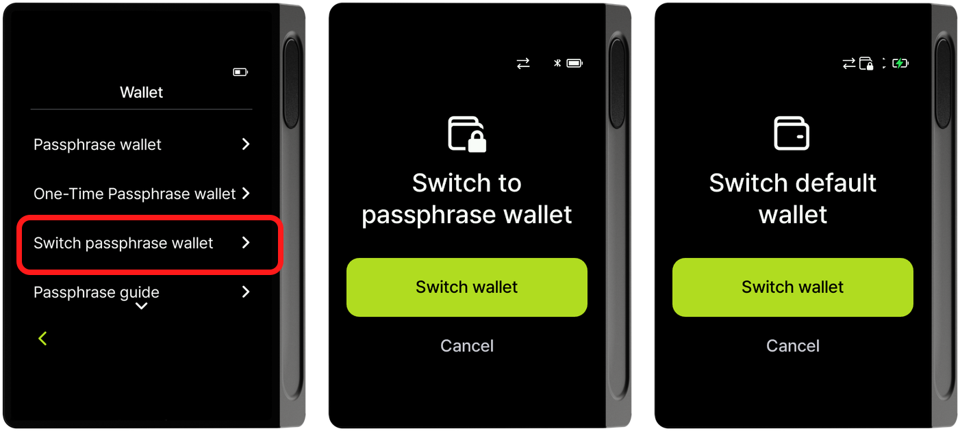 Wallet menu - Switch wallet selection, Switch passphrase wallet, Switch to default wallet