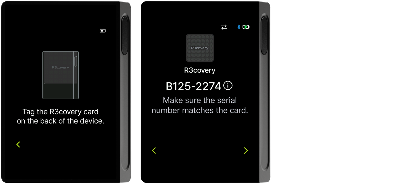 R3covery card tag and serial confirmation screens