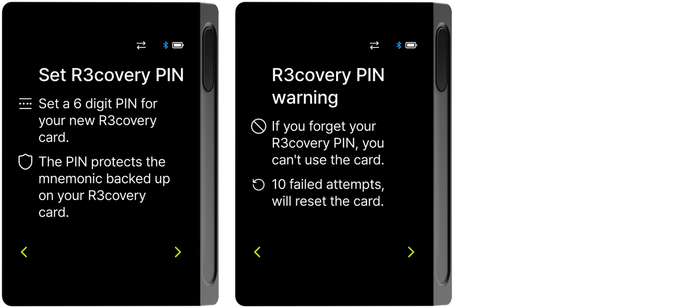 6-digit PIN guide and PIN loss warning screens