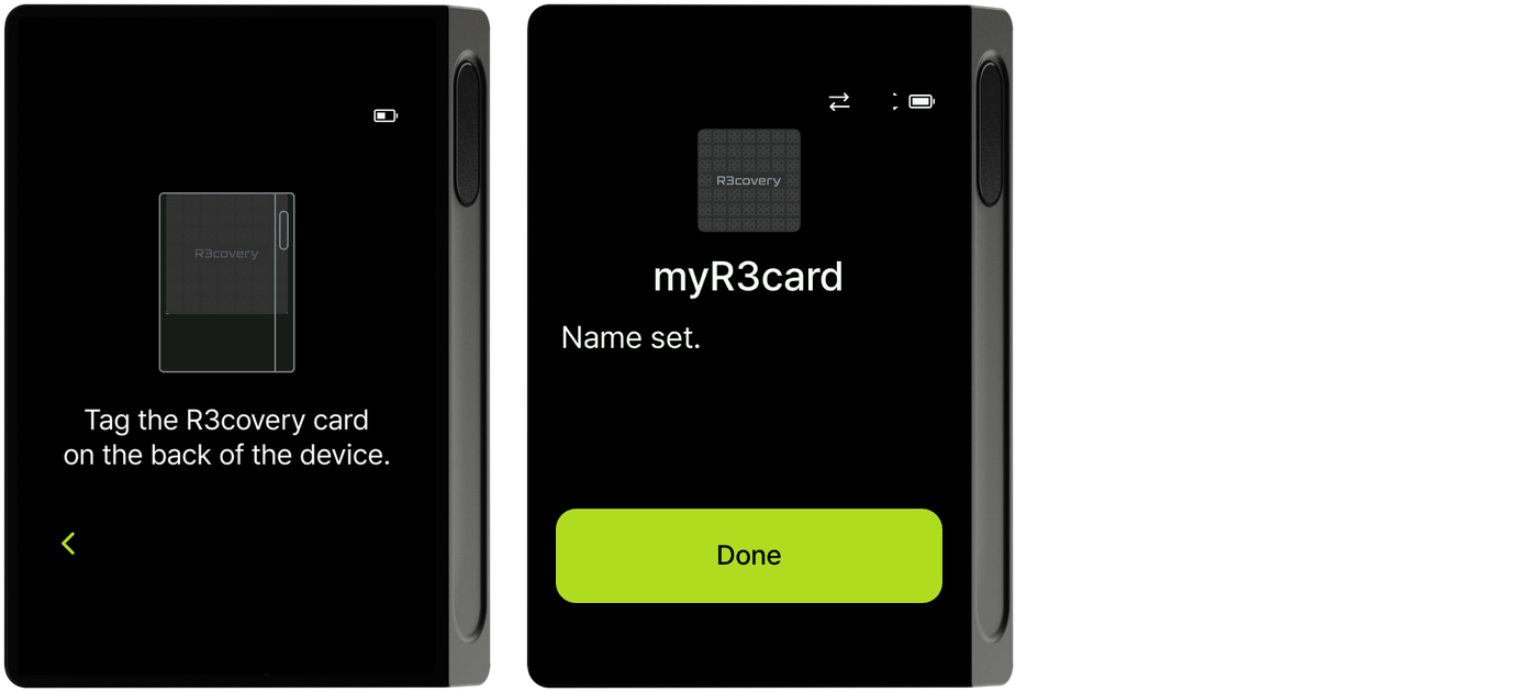 Card tag and name set complete screens