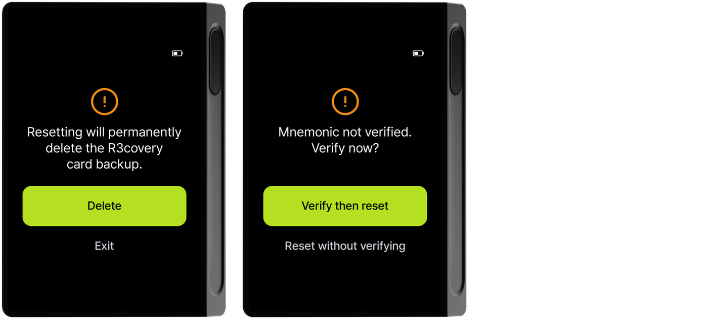 Deletion warning and mnemonic check prompt screens