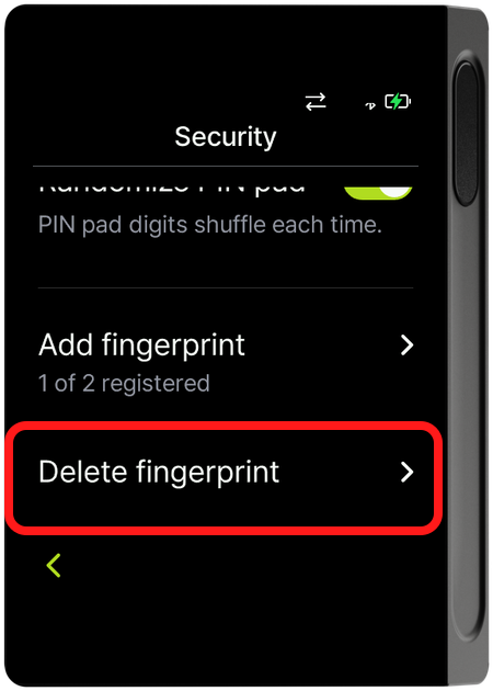 Security menu - Delete fingerprint