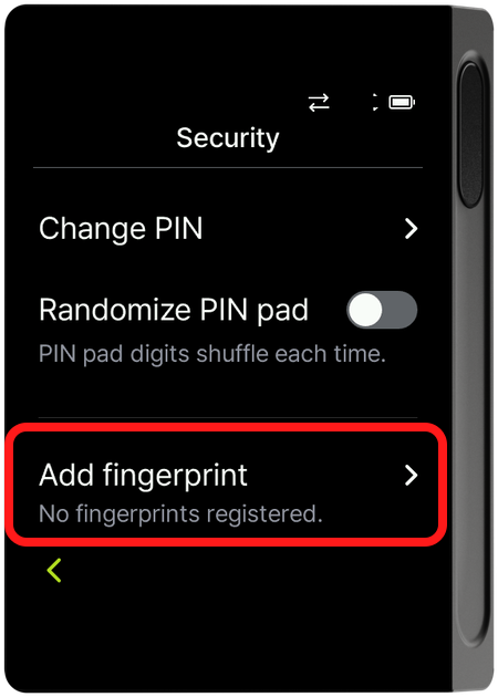 Security menu - Add fingerprint