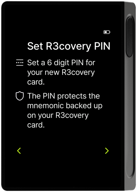 R3covery card 6-digit PIN setup screen