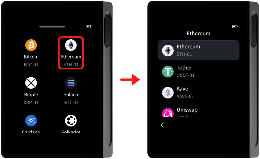 (例) タイルビューで Ethereum をタップすると、ETH と追加したトークンの一覧が表示されます