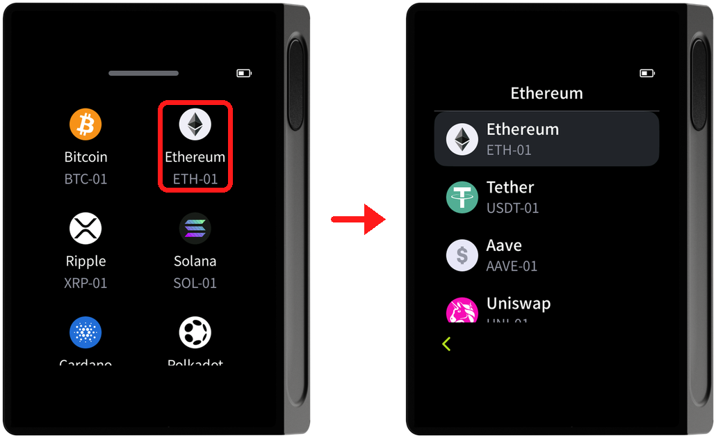 (예시) 타일뷰에서 Ethereum을 탭하면 ETH와 함께 추가한 토큰 목록이 나타납니다