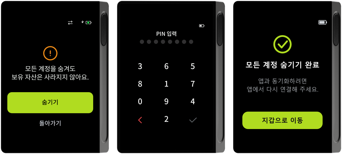 모든 계정 숨기기 확인·PIN 입력·완료 화면